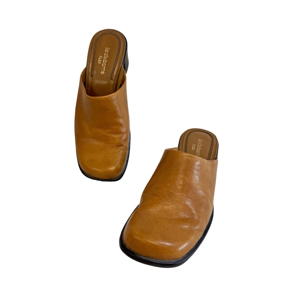 Liz Claiborne Flex Women's 6M Tan Leather Square Toe Mule Block Heel Shoes